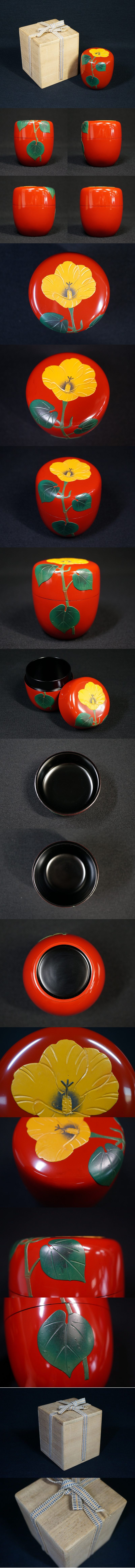 東ハ:【琉球漆器】琉球塗 堆錦 ゆうなの花文 朱漆 朱塗り 棗 桐箱入